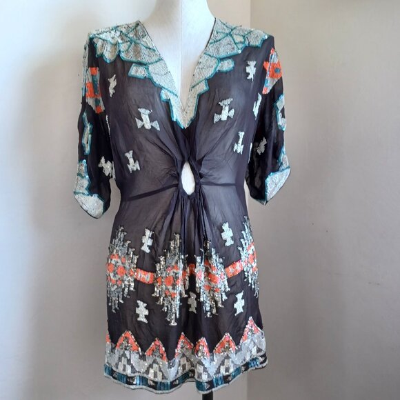 All Saints Tunic Silk Sequined Embellished Aztec Chariot Dress Womens 6 NEW - Picture 2 of 16